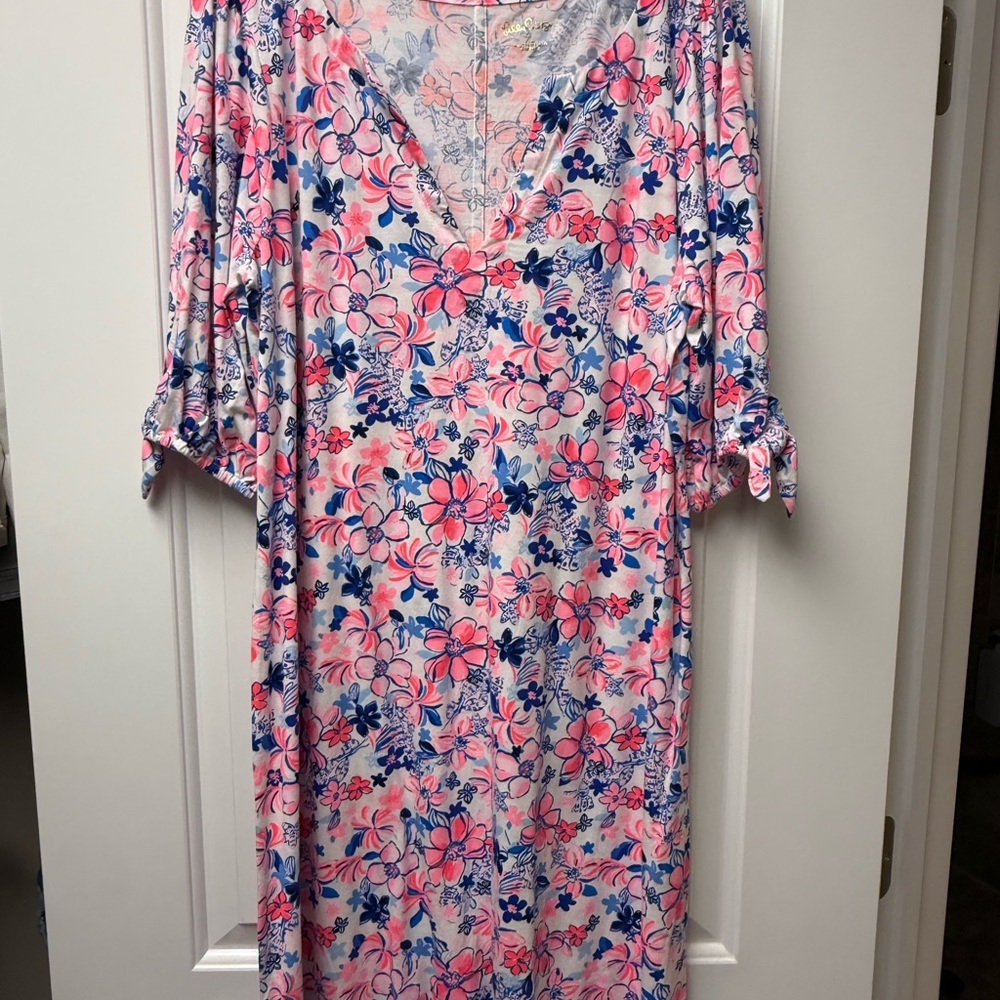 Lilly Pulitzer Pink and Blue Floral Midi Dress sz XL